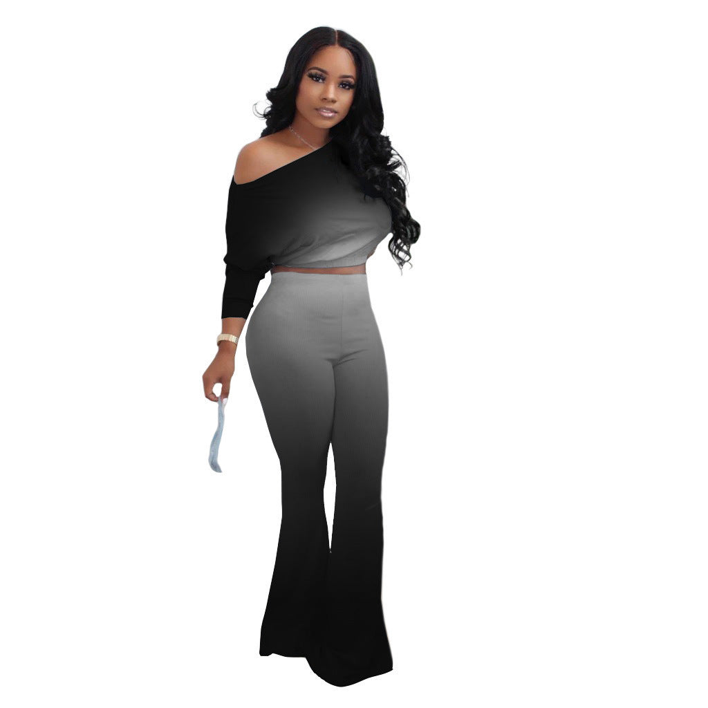 Damen Lässiges Ombre Set mit stilvollem Off-Shoulder Oberteil und figurbetonten Hosen R&B