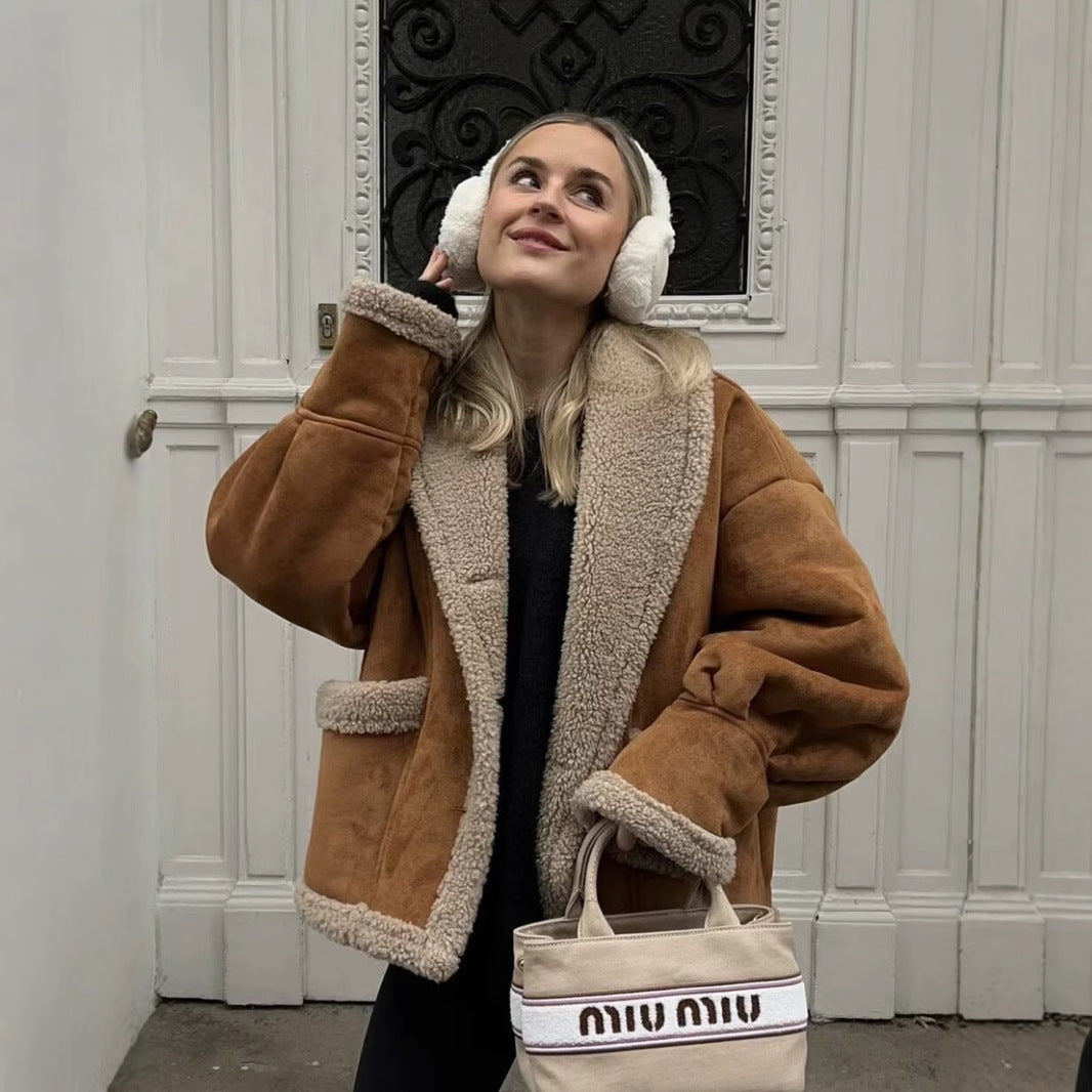 Damen kuschelige Blazerjacke im Teddy-Look mit praktischem Taschen R&B