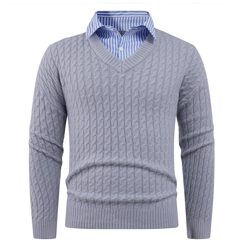 Herren Strickpullover mit Zopfmuster und V-Ausschnitt R&B