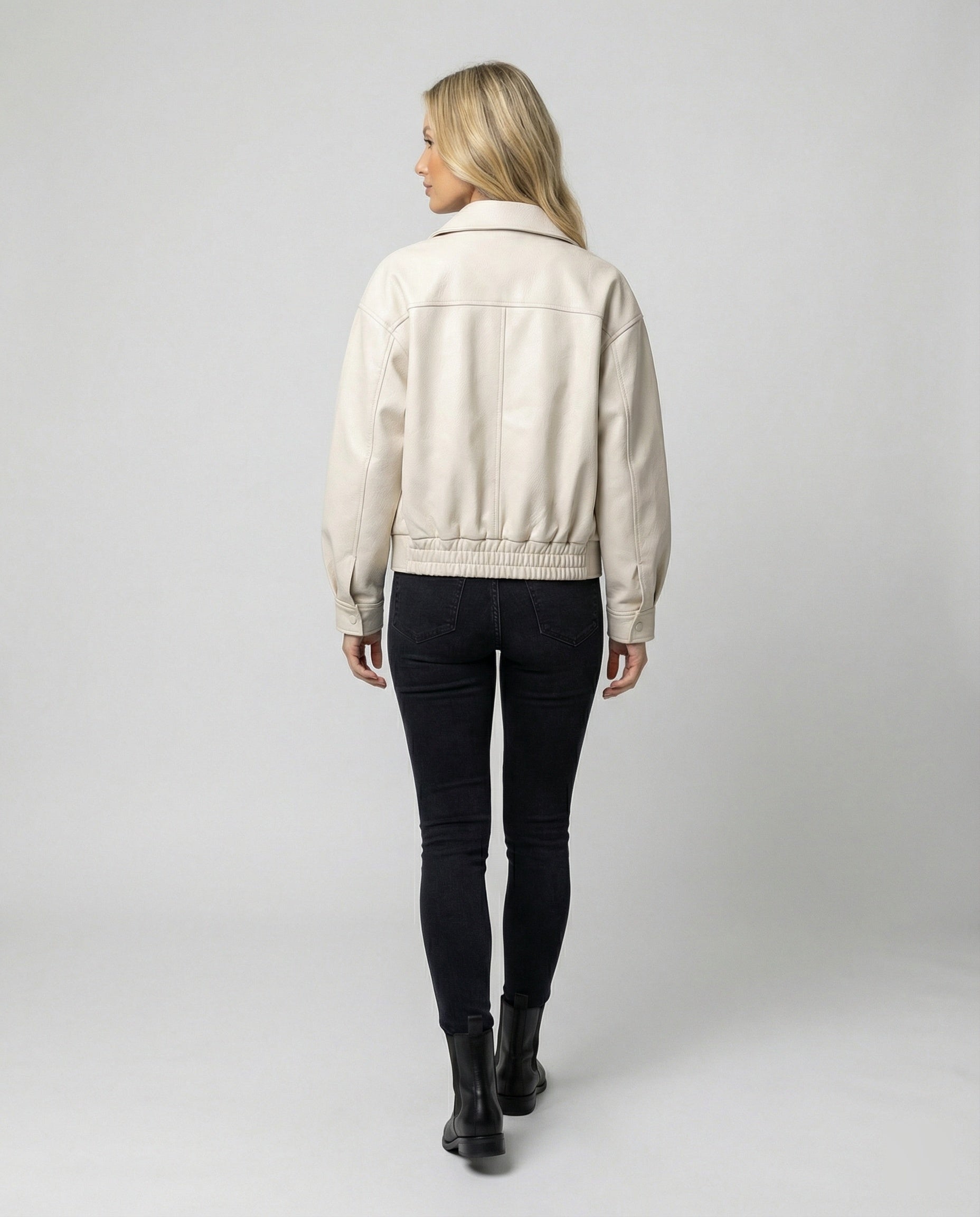 Damen Vintage Lederjacke Off-White Kurz geschnittene Motorradjacke