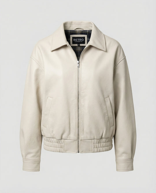 Damen Vintage Lederjacke Off-White Kurz geschnittene Motorradjacke