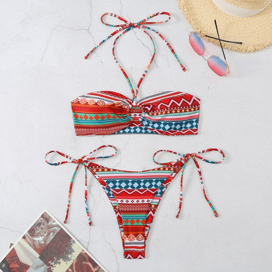 Damen Bandeau-Bikini mit verstellbaren Bindebändern und farbenfrohem Muster R&B