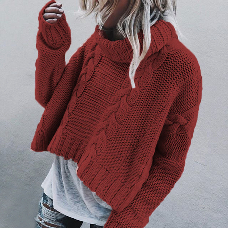 Damen Grobstrickpullover mit hohem Kragen und verspieltem Zopfmuster R&B