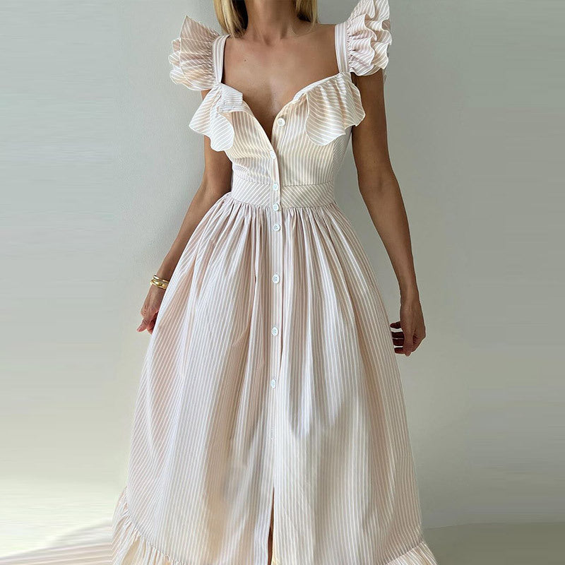 Damen Maxikleid mit Rüschendetails und Knopfleiste R&B