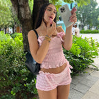 Damen Set aus gerafftem Top und Shorts mit Schleifen R&B