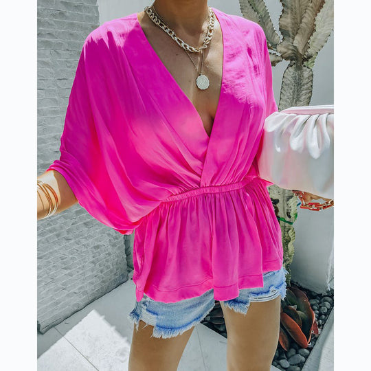 Damen Leichtes Blusenshirt mit tiefem V-Ausschnitt und elastischem Bund R&B