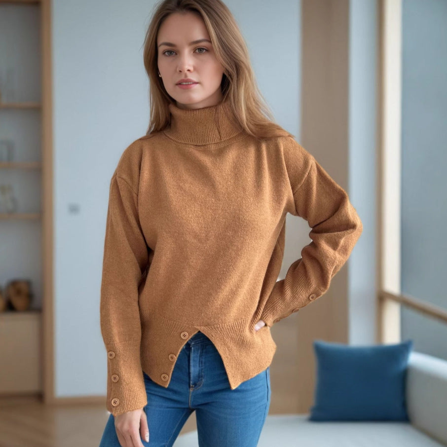 Damen modischer Rollkragenpullover mit Knopfdetails und asymmetrischem Saum R&B