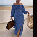 Damen Off-Shoulder Maxikleid mit eleganten Raffungseffekten und Seitenschlitz R&B