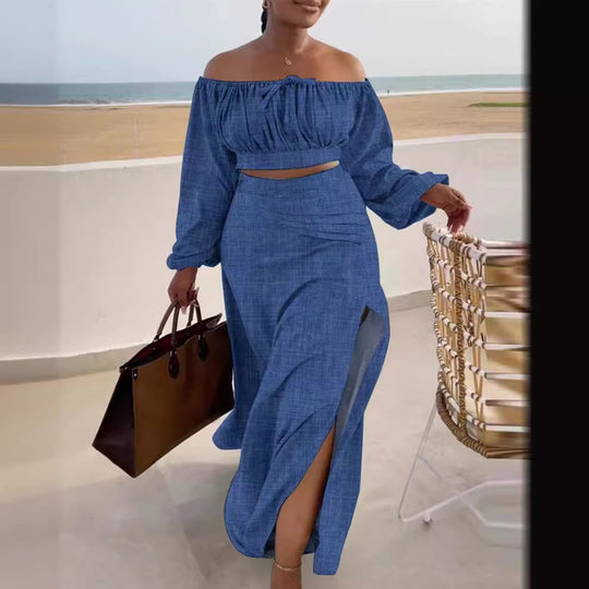 Damen Off-Shoulder Maxikleid mit eleganten Raffungseffekten und Seitenschlitz R&B