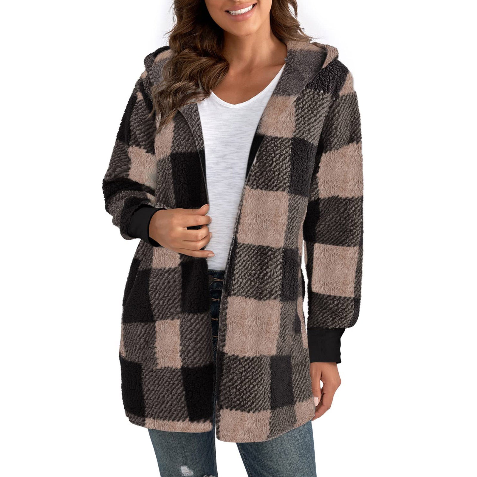 Damen Kuschelige Oversized Jacke mit Kapuze R&B