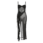 Damen Transparente Maxikleid mit asymmetrischen Fransen R&B