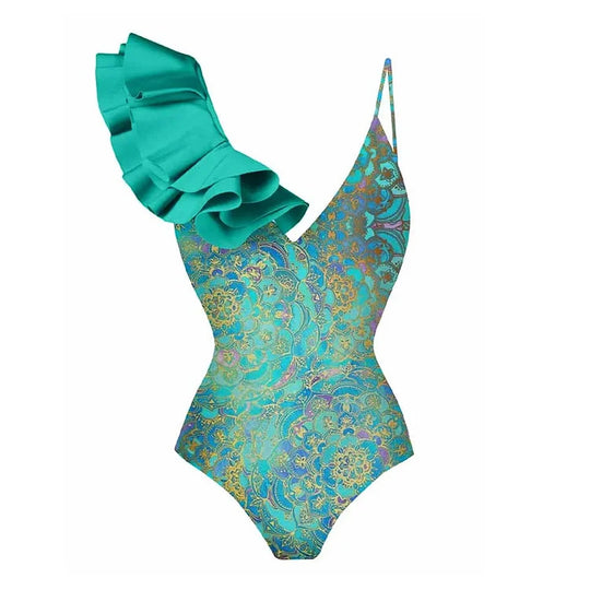 Damen Einteiler Badeanzug mit trendigem Volant-Design R&B