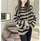 Damen Grobstrickpullover mit lässigem Streifenmuster und voluminösen Ärmeln R&B