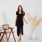 Damen Wickelkleid mit Raffung und V-Ausschnitt R&B