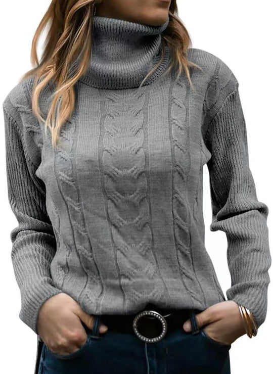 Damen Strickpullover mit Stehkragen und Zopfmuster R&B