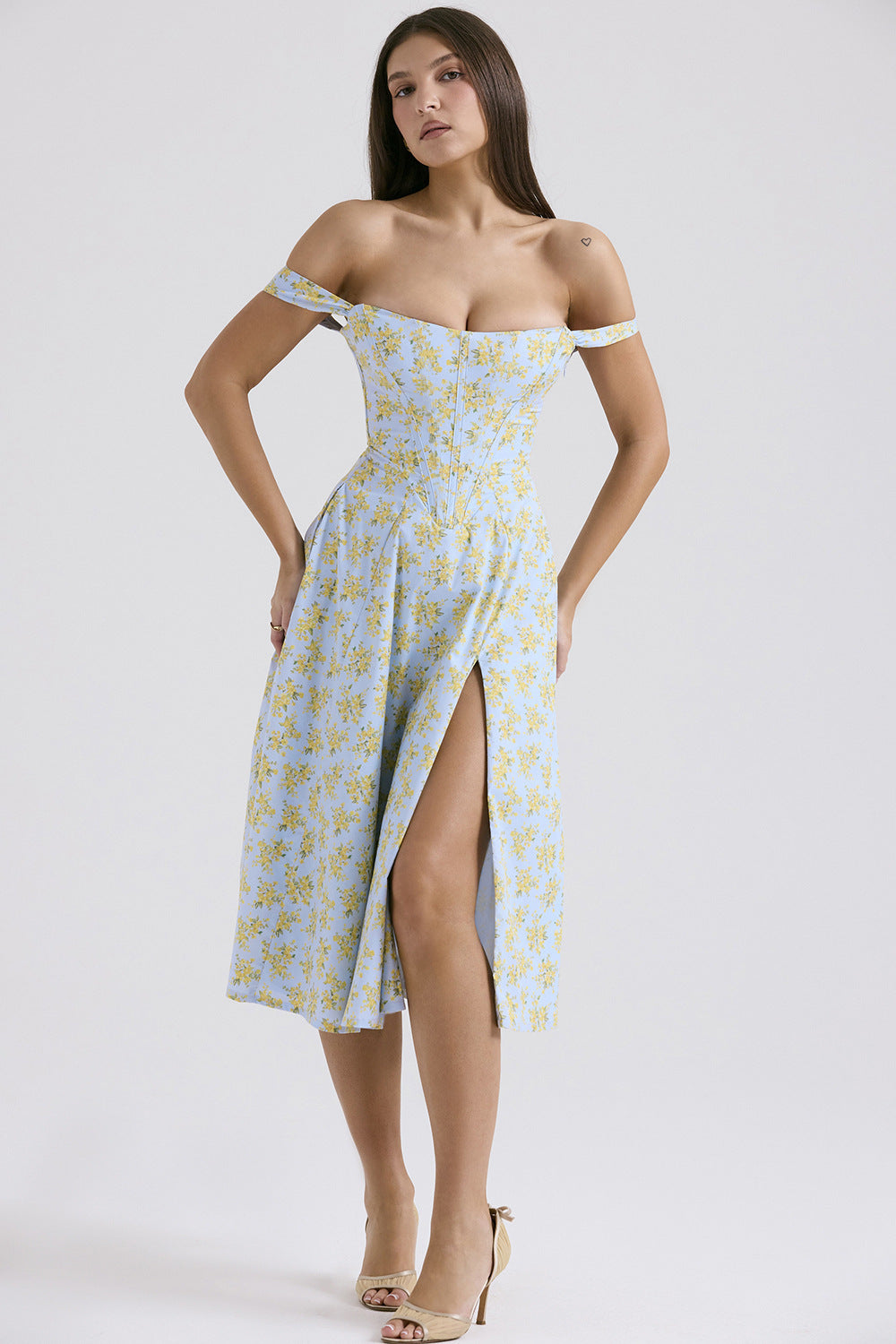 Damen Midikleid mit schulterfreiem Design und floralem Muster R&B