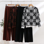 Damen lässiges Strick-Loungewear-Set mit grafischem Muster und weitem Schnitt R&B