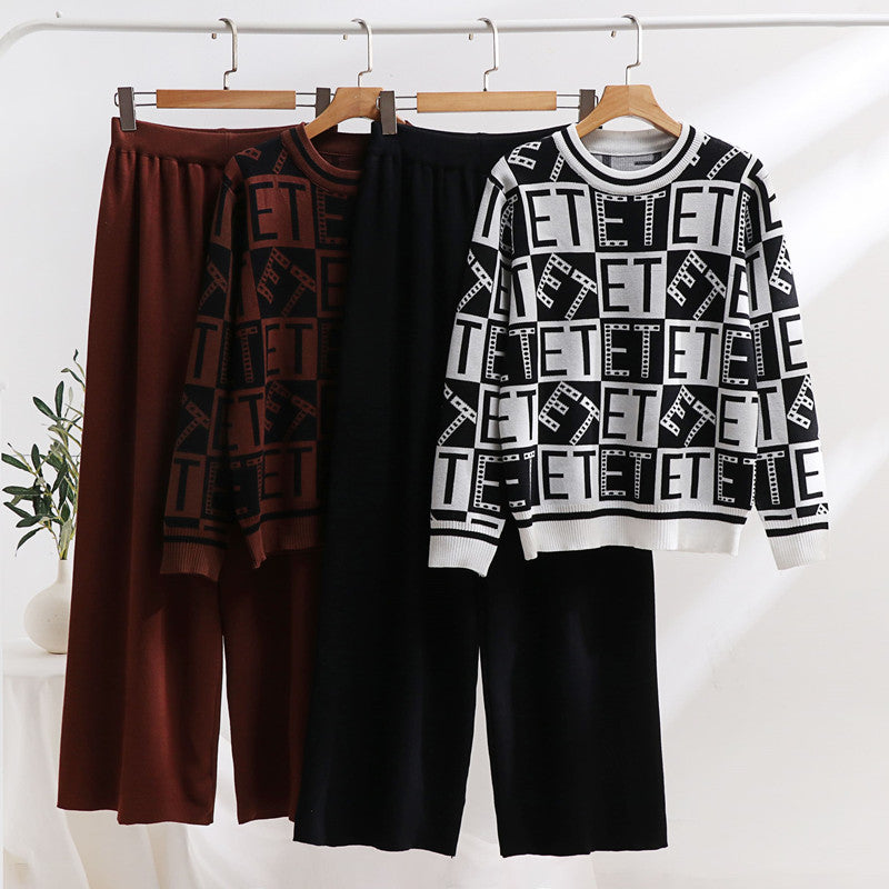 Damen lässiges Strick-Loungewear-Set mit grafischem Muster und weitem Schnitt R&B