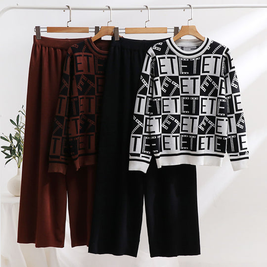 Damen lässiges Strick-Loungewear-Set mit grafischem Muster und weitem Schnitt R&B