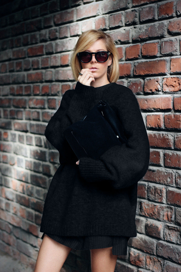 Damen Oversized Strickpullover mit hochabschließendem Kragen und voluminösen Ärmeln R&B