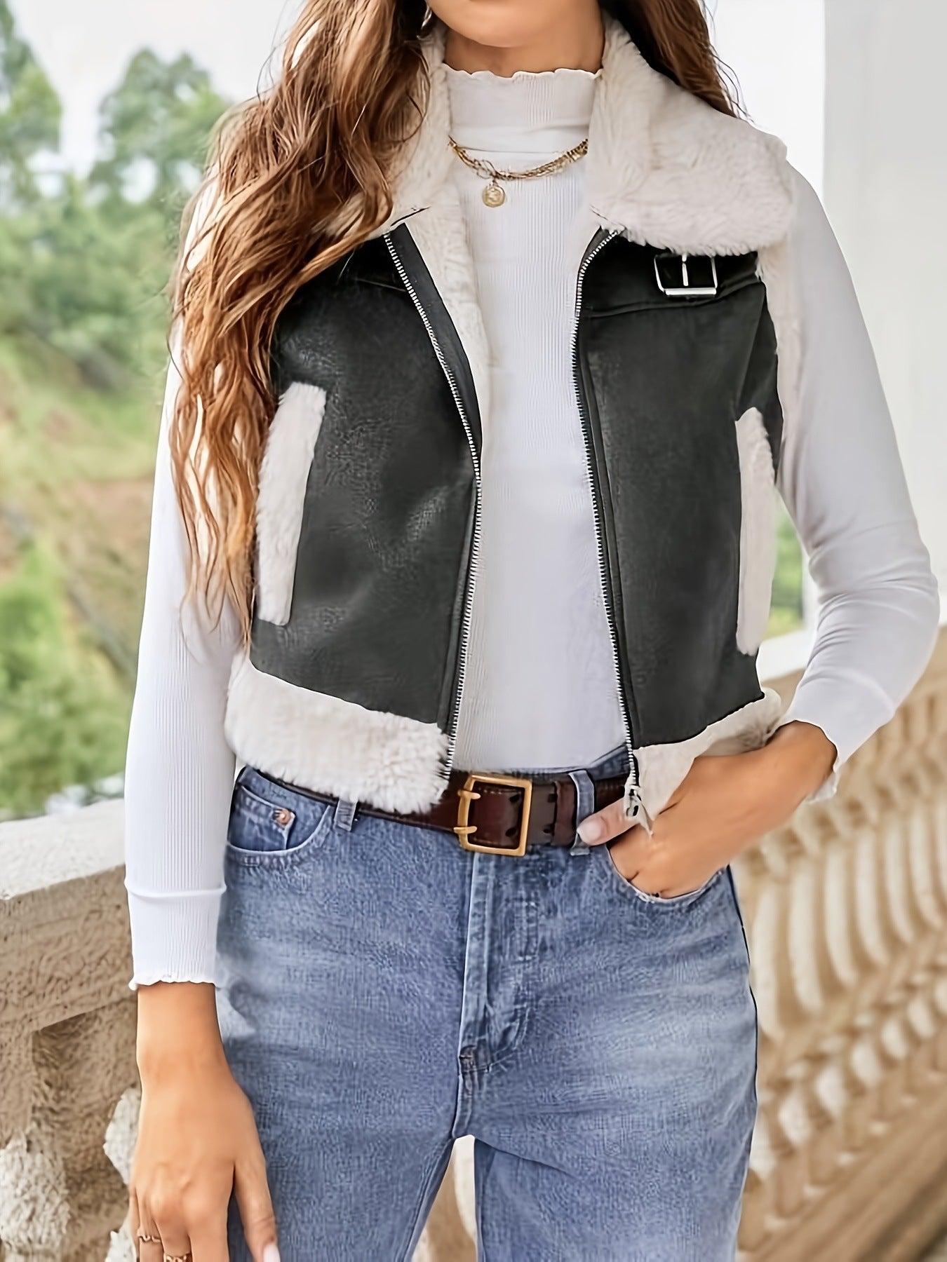 Damen stylish gesteppte Weste mit Fellkragen R&B