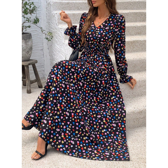 Damen Maxikleid mit farbenfrohem Herzmotiv und elastischem Taillenbereich R&B
