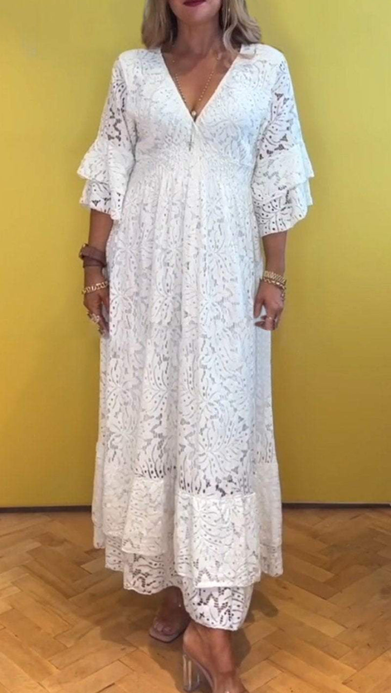 Damen nan Boho-Spitzen-Maxikleid mit V-Ausschnitt, Unterbrustnaht und gestuften Volantärmeln R&B