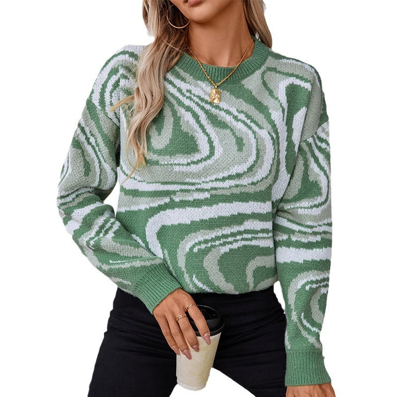 Damen gemusterter Strickpullover mit modernem Wellenmuster und Rundhalsausschnitt R&B