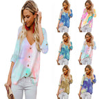 Damen Lässige Bluse mit buntem Farbverlauf und umschlagbaren Ärmel R&B