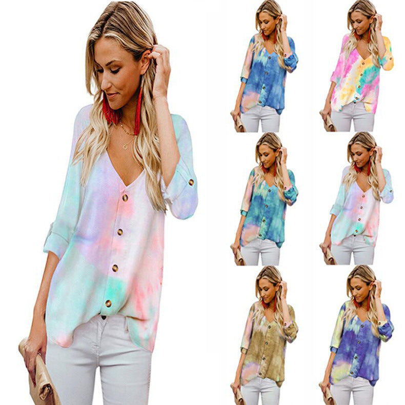 Damen Lässige Bluse mit buntem Farbverlauf und umschlagbaren Ärmel R&B