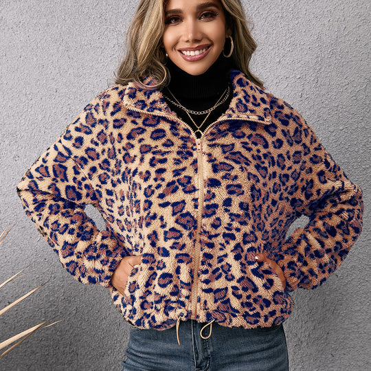 Damen Fleecejacke mit Leoparddruck und seitlichen Taschen R&B