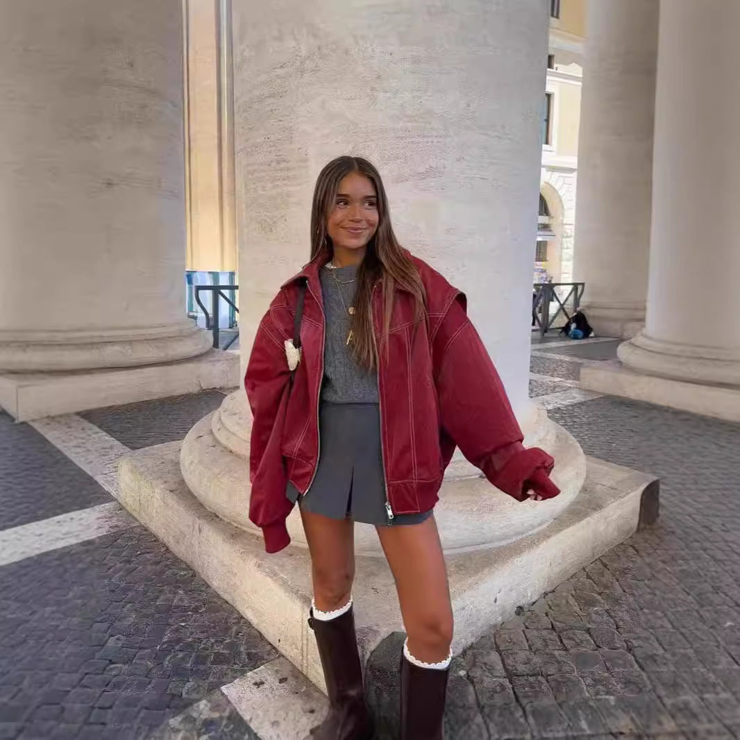 Damen Modische Kunstlederjacke mit oversized Schnitt R&B