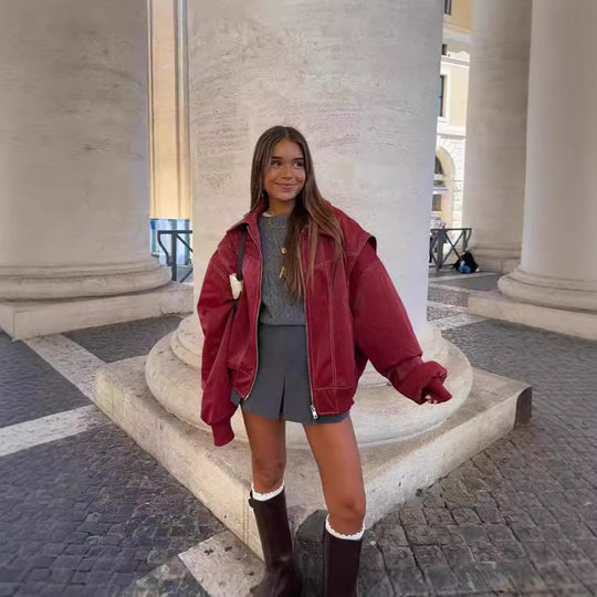 Damen Modische Kunstlederjacke mit oversized Schnitt R&B