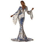 Damen Glamouröses Pailletten Abendkleid mit tiefem V-Ausschnitt und langen Ärmeln R&B