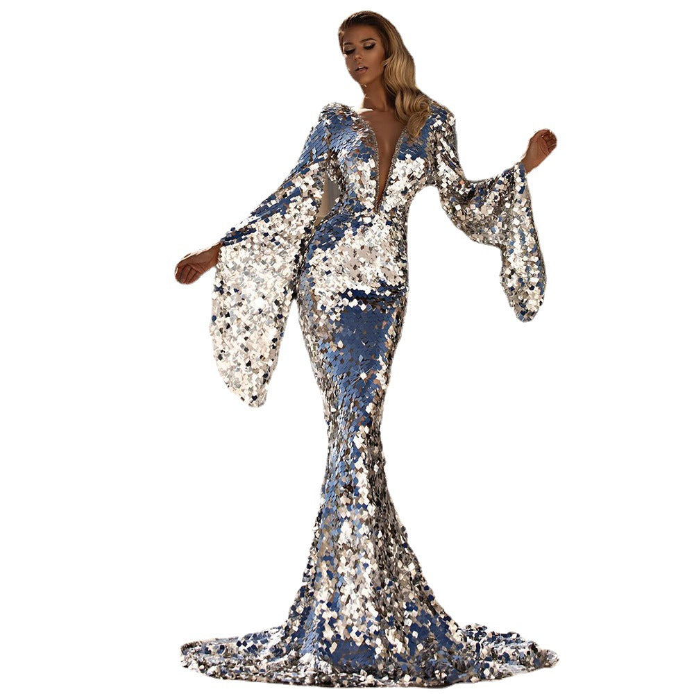 Damen Glamouröses Pailletten Abendkleid mit tiefem V-Ausschnitt und langen Ärmeln R&B