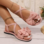 Damen Flache Sandalen mit dekorativer Schleifen-Applikation und elastischem Riemendesign