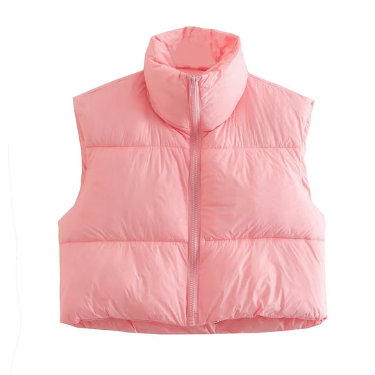 Damen cropped Daunenweste mit hohem Kragen und praktischen Taschen R&B