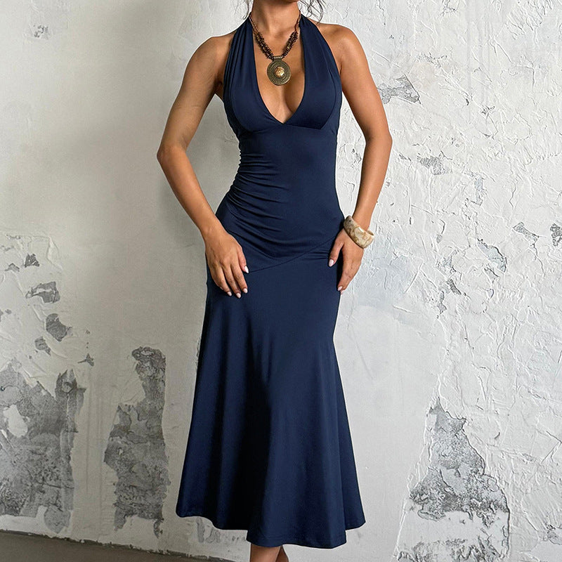 Damen elegantes Maxikleid mit tiefem V-Ausschnitt und raffiniertem Schleifendetail R&B