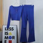 Damen lässiges Strick-Loungewear-Set mit Knopfdetails und weitem Bein R&B