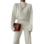 Damen Strick-Loungewear-Set mit hohem Kragen und weitem Bein R&B