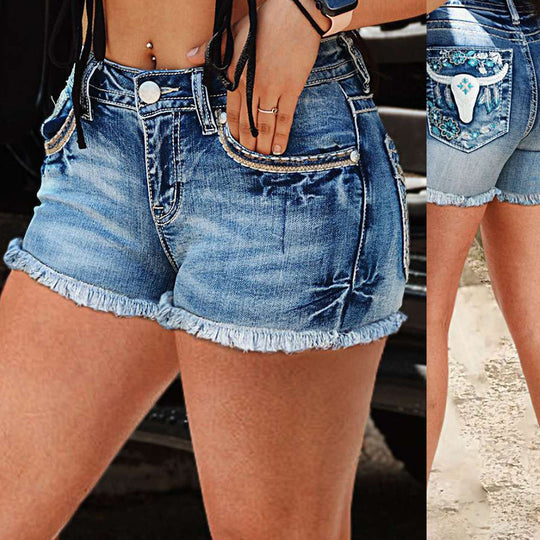 Damen Jeans-Shorts mit floralen Details und ausgefransten Säumen R&B