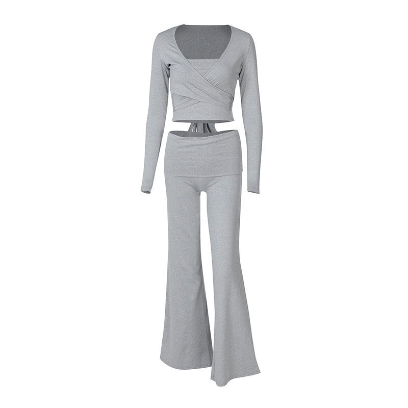 Damen modisches Two-Piece Set mit Wickeloberteil und Schlaghose R&B