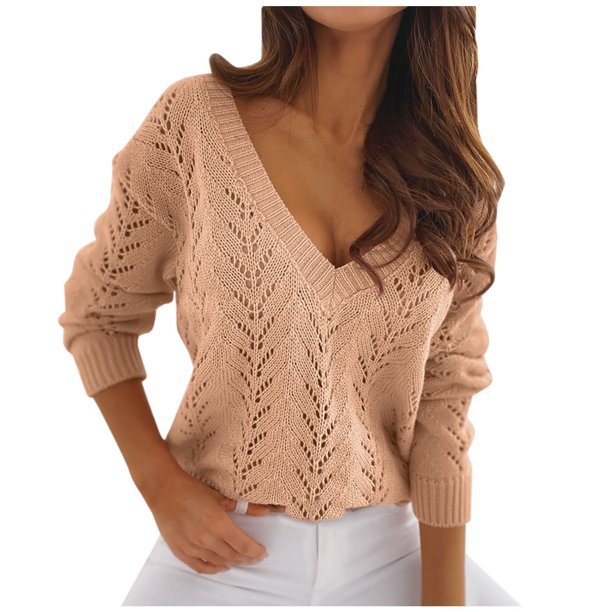 Damen V-Ausschnitt Strickpullover mit romantischem Zopfmuster R&B