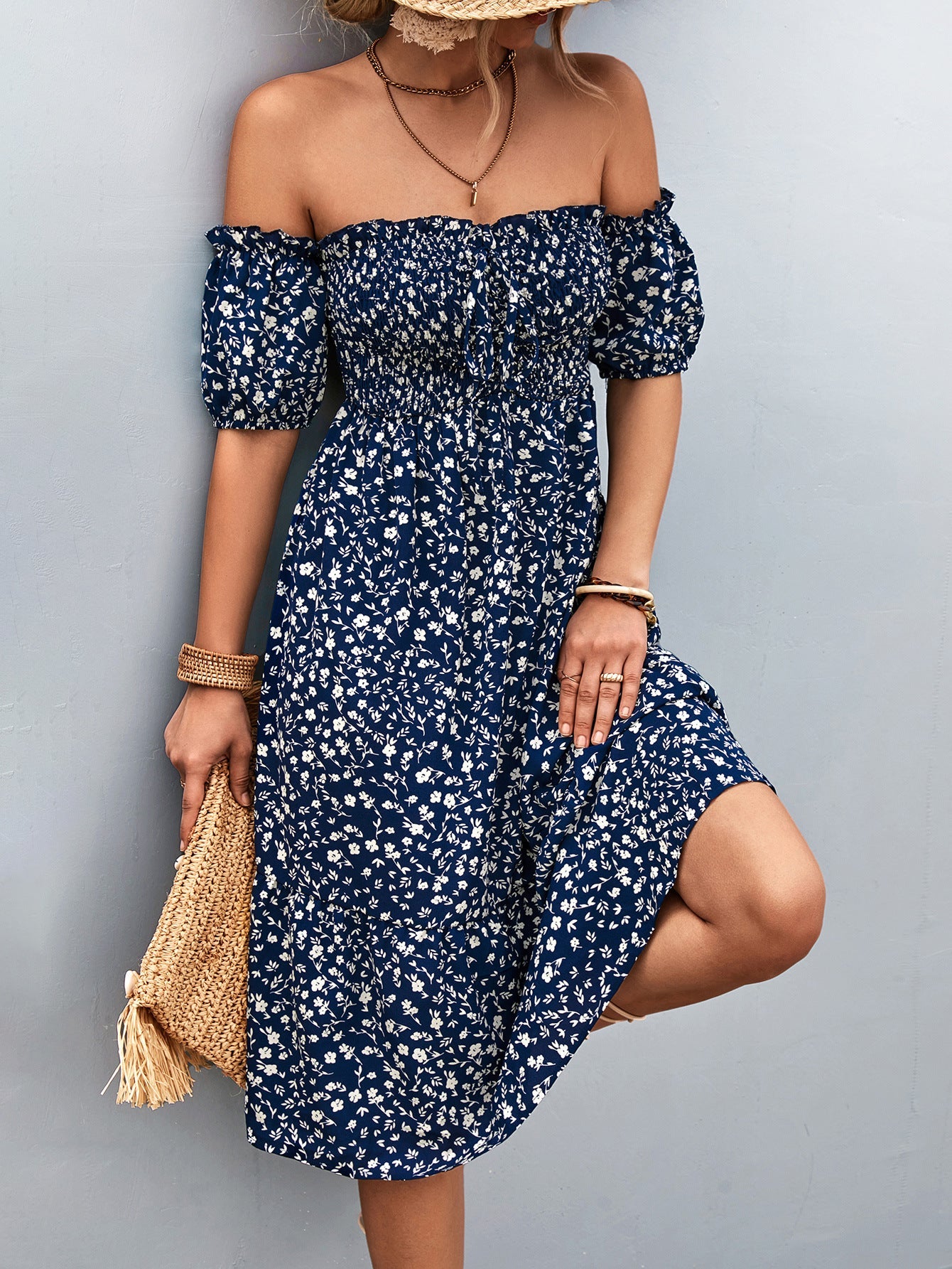 Damen Off-Shoulder Freizeitkleid mit eleganten Puffärmeln und floralen Mustern R&B