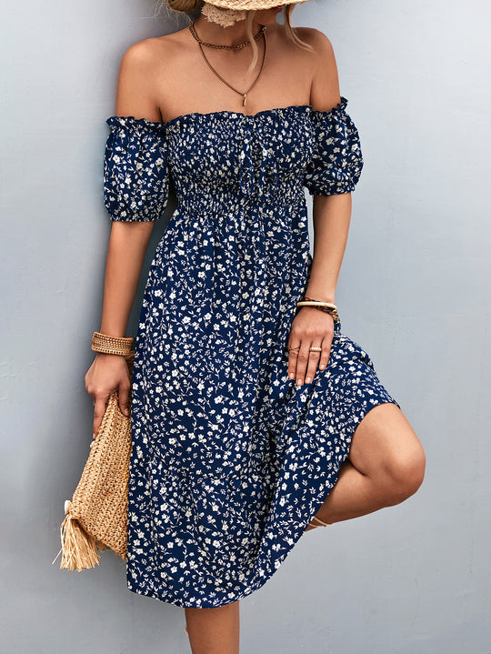 Damen Off-Shoulder Freizeitkleid mit eleganten Puffärmeln und floralen Mustern R&B