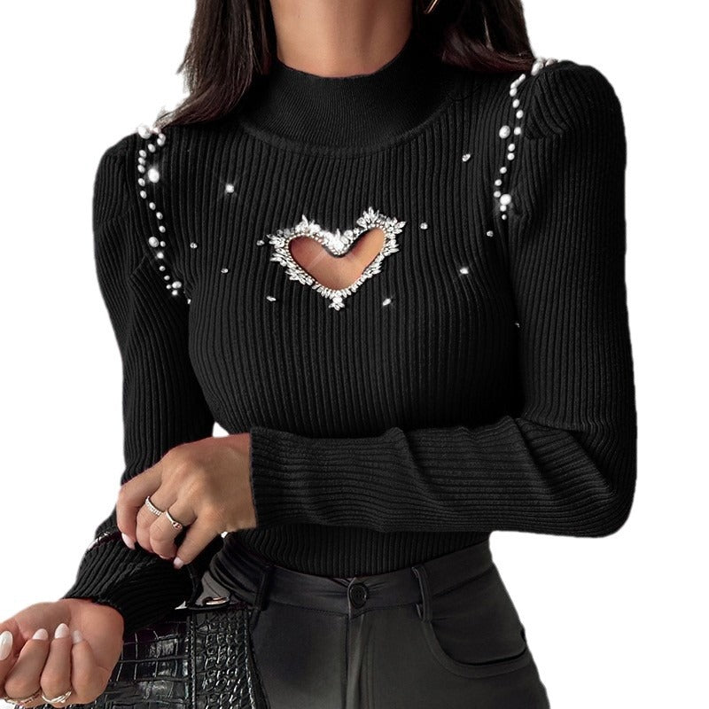 Damen Strickpullover mit glitzernden Herz-Ausschnitt und Dekorelementen R&B