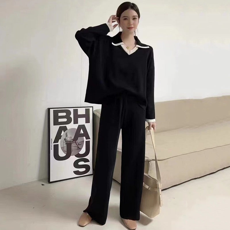 Damen elegantes und lässiges Strickensemble mit V-Ausschnitt und breitem Saum R&B