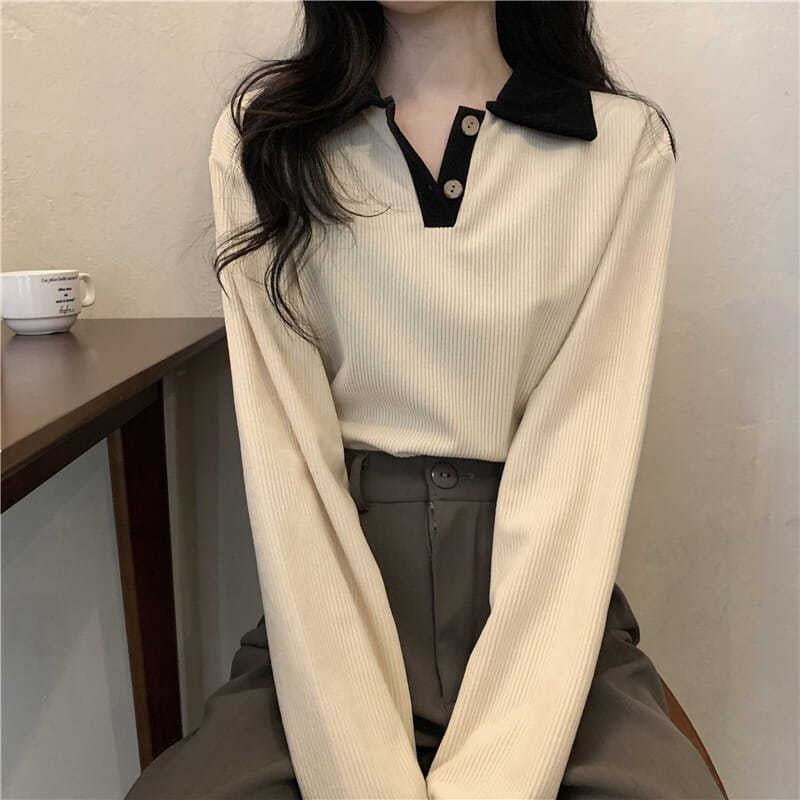 Damen Langarmshirt mit strukturierter Rippoptik und klassischem Polokragen