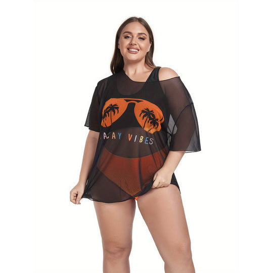 Damen Netz-Strandkleid mit lässigem Aufdruck R&B