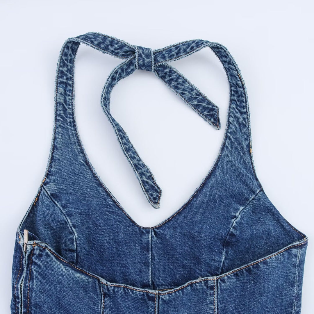 Damen Jumpsuit aus Denim mit Kreuzträgern R&B